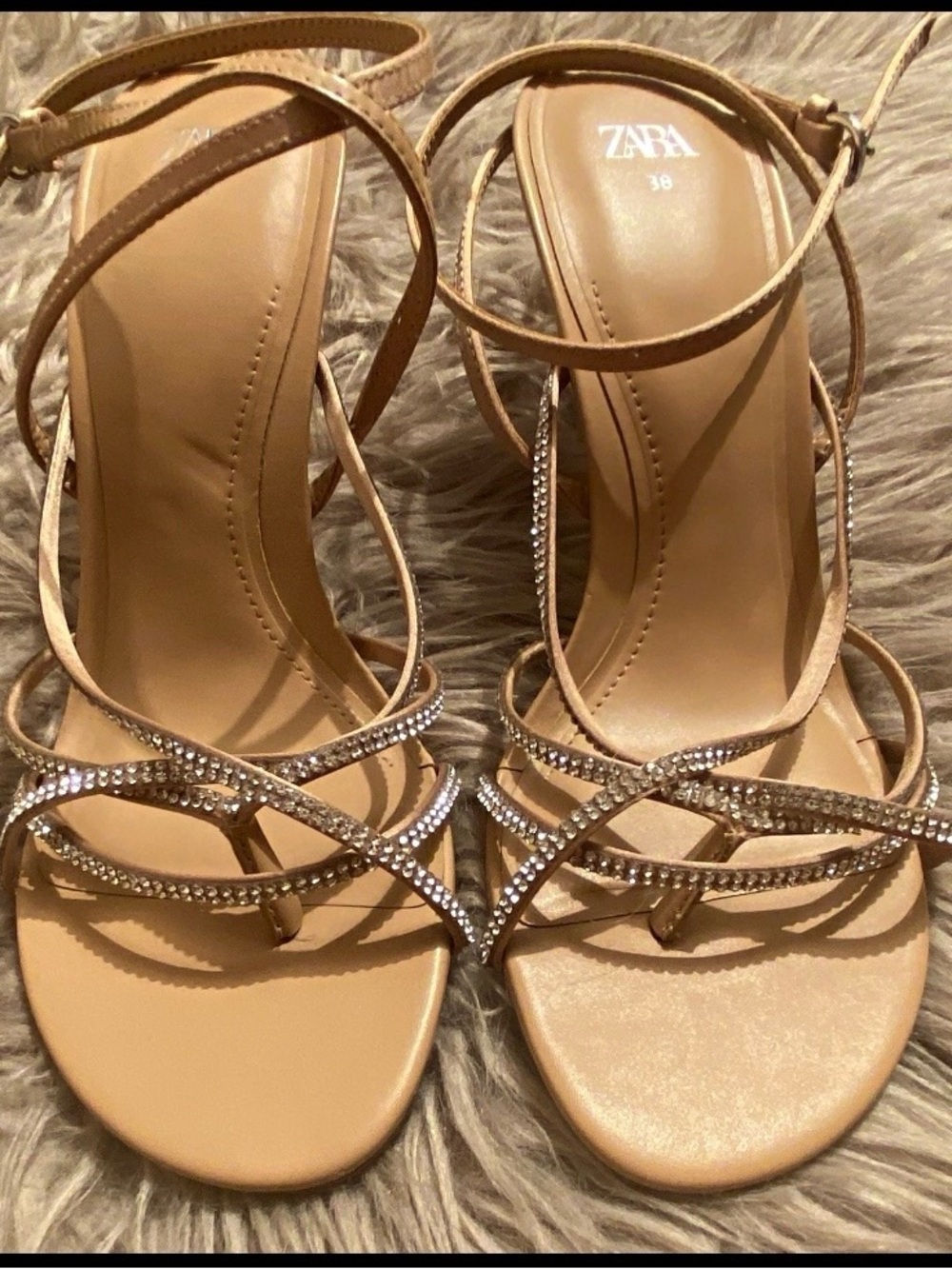 ZARA Nude Strappy Heeled Sandals with Crystal Detail